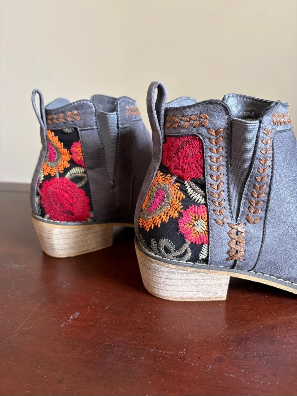 Gray Suede Ankle Booties with Floral Embroidery